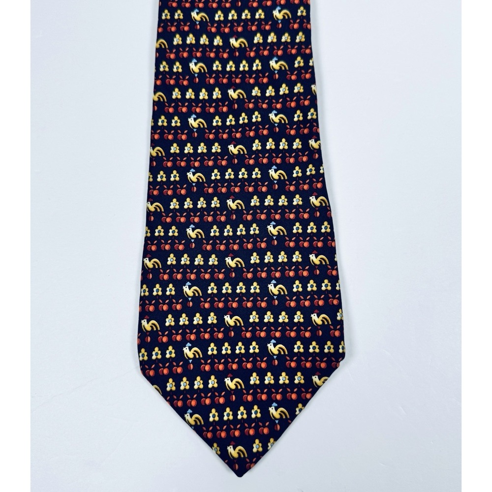 Salvatore Ferragamo Tie Navy Silk Rooster Cherry Floral Italy Designer Novelty